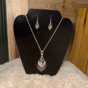 Silver and Gold Pendant Necklace & Earring Set